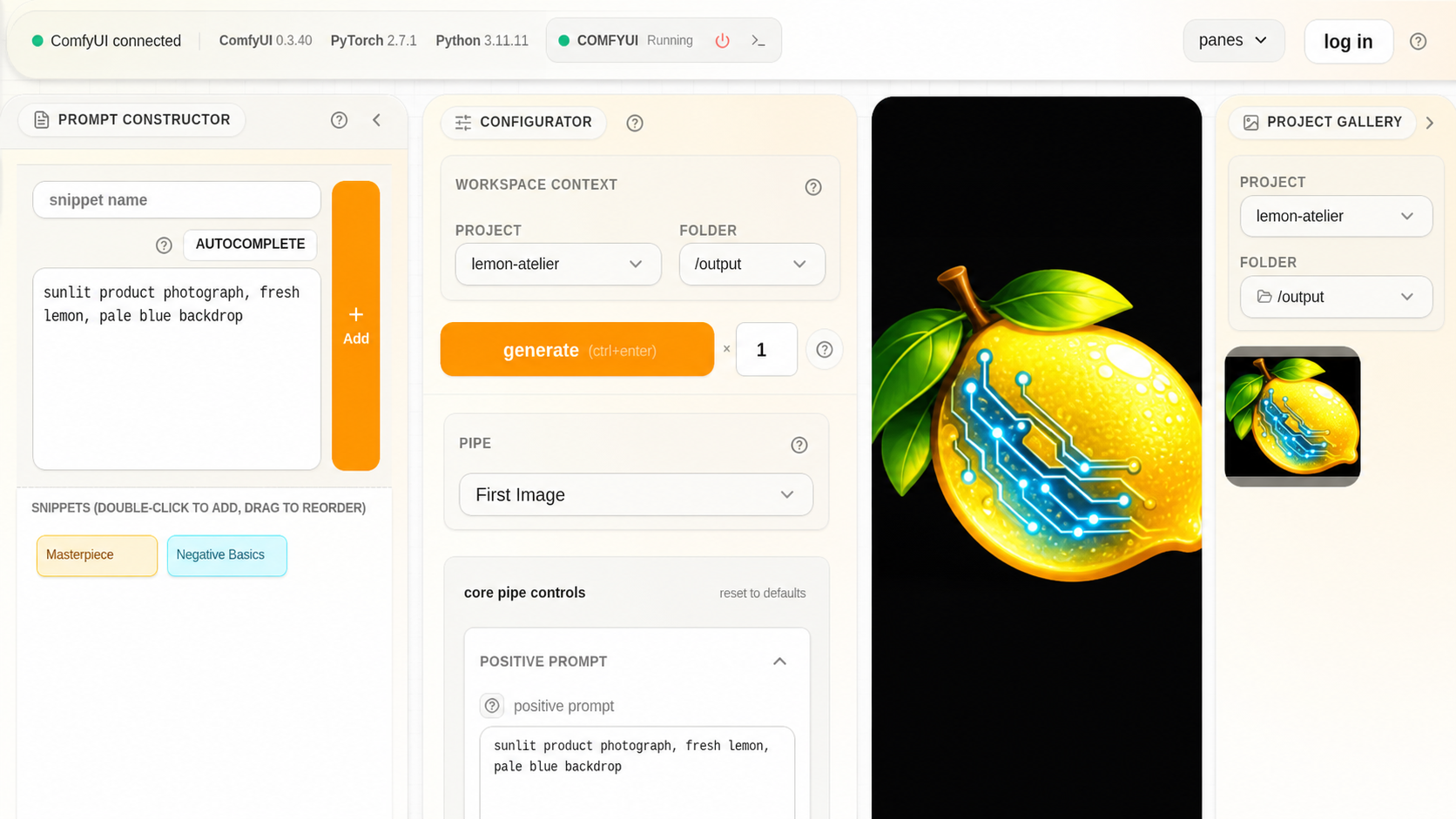 Un espace Prompt Studio ciblé avec une grande image terminée, le prompt, les contrôles Pipe et une bande de Galerie